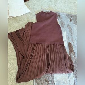 Brown mock neck pleated dress